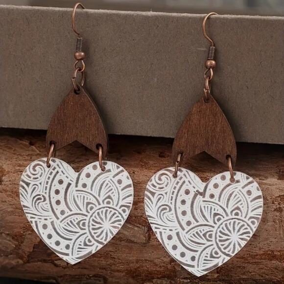 Boho Wooden Heart Dangle Earrings Vintage Bohemian - Picture 4 of 5